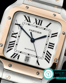 CARTIER SANTOS LARGE MEN’S 39.8MM ROSE GOLD TWO-TONE SILVER OPALINE