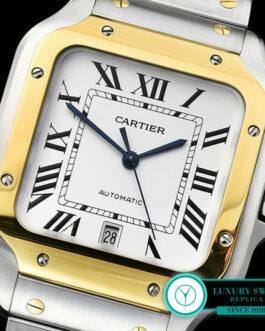 CARTIER SANTOS LARGE MEN’S 39.8MM YELLOW GOLD TWO-TONE SILVER OPALINE