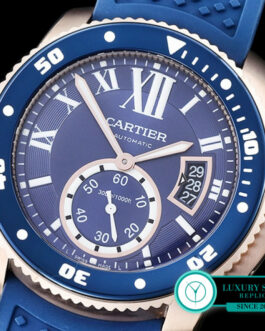 CARTIER CALIBRE DIVER ROSE GOLD RUBBER STRAP BLUE