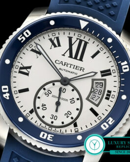 CARTIER CALIBRE DIVER BLUE RUBBER STRAP WHITE