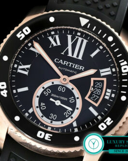 CARTIER CALIBRE DIVER ROSE GOLD BLACK RUBBER STRAP BLACK