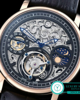 CARTIER RONDE MOONPHASE FLYING TOURBILLON SKELETON ROSE GOLD BLACK