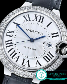 CARTIER BALLON 42MM DIAMOND BEZEL SWISS AUTOMATIC BLACK LEATHER STRAP