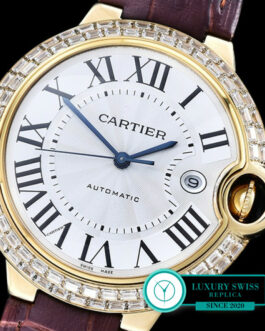 CARTIER BALLON 42MM YELLOW GOLD DIAMOND BEZEL SWISS AUTOMATIC PURPLE LEATHER STRAP