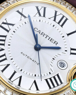 CARTIER BALLON 42MM YELLOW GOLD DIAMOND BEZEL SWISS AUTOMATIC PURPLE LEATHER STRAP