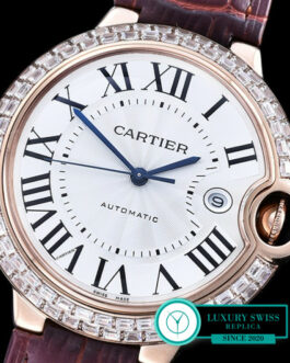 CARTIER BALLON 42MM ROSE GOLD DIAMOND BEZEL SWISS AUTOMATIC PURPLE LEATHER STRAP