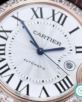 CARTIER BALLON 42MM ROSE GOLD DIAMOND BEZEL SWISS AUTOMATIC PURPLE LEATHER STRAP