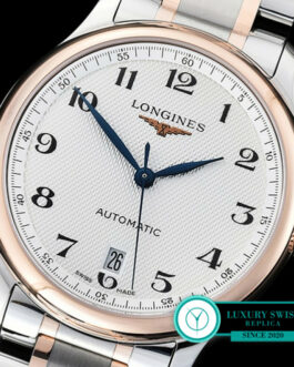 LONGINES MASTER ROSE GOLD 2 TONE WHITE DIAL BRACELET NUMERAL MARKERS