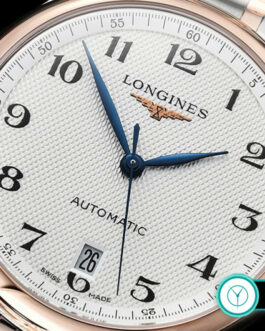 LONGINES MASTER ROSE GOLD 2 TONE WHITE DIAL BRACELET NUMERAL MARKERS