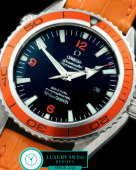 OMEGA SEAMASTER PLANET OCEAN 45MM SWISS AUTOMATIC ORANGE BEZEL LEATHER STRAP