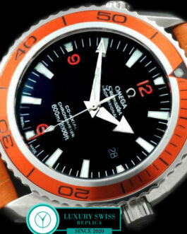 OMEGA SEAMASTER PLANET OCEAN 45MM SWISS AUTOMATIC ORANGE BEZEL LEATHER STRAP