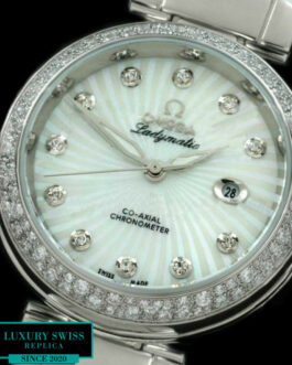 OMEGA DE VILLE LADYMATIC 34MM DIAMOND BEZEL SWISS AUTOMATIC WHITE DIAL