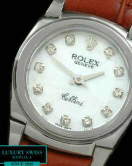 ROLEX CELLINI SWISS QUARTZ MOP WHITE DIAL – DIAMOND MARKERS – BROWN LEATHER STRAP