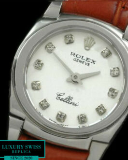 ROLEX CELLINI SWISS QUARTZ WHITE DIAL – DIAMOND MARKERS – BROWN LEATHER STRAP