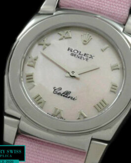 ROLEX CELLINI SWISS QUARTZ MOP PINK DIAL – ROMAN MARKERS – BROWN LEATHER STRAP