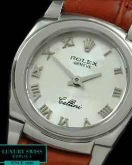 ROLEX CELLINI SWISS QUARTZ SILVER DIAL – ROMAN MARKERS – BROWN LEATHER STRAP