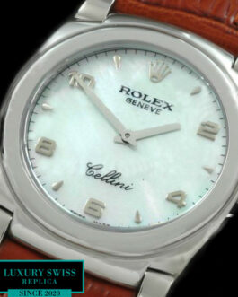 ROLEX CELLINI SWISS QUARTZ MOP WHITE DIAL – STICK/NUMERAL MARKERS – BROWN LEATHER STRAP