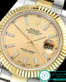 ROLEX DATEJUST II 2 TONE SWISS AUTOMATIC FLUTED BEZEL – OYSTER BRACELET – GOLD DIAL – STICK MARKERS