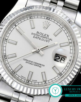 ROLEX DATEJUST GENTS SIZE SWISS AUTOMATIC FLUTED BEZEL – JUBILEE BRACELET – WHITE DIAL – LUME STICK MARKERS