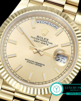 ROLEX DAY-DATE II YELLOW GOLD 3156 MOVEMENT FLUTED BEZEL – PRESIDENTIAL BRACELET – GOLD DIAL – STICK MARKERS