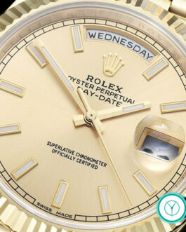 ROLEX DAY-DATE II YELLOW GOLD 3156 MOVEMENT FLUTED BEZEL – PRESIDENTIAL BRACELET – GOLD DIAL – STICK MARKERS