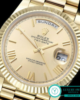 ROLEX DAY-DATE II YELLOW GOLD 3156 MOVEMENT FLUTED BEZEL – PRESIDENTIAL BRACELET – GOLD DIAL – ROMAN MARKERS