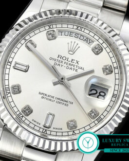 ROLEX DAY-DATE II 218239 FLUTED BEZEL SILVER DIAL DIAMOND MARKERS