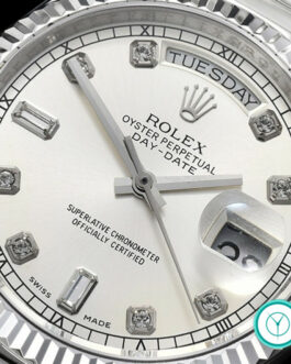 ROLEX DAY-DATE II 218239 FLUTED BEZEL SILVER DIAL DIAMOND MARKERS