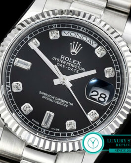 ROLEX DAY-DATE II 3156 MOVEMENT FLUTED BEZEL – PRESIDENTIAL BRACELET – BLACK DIAL