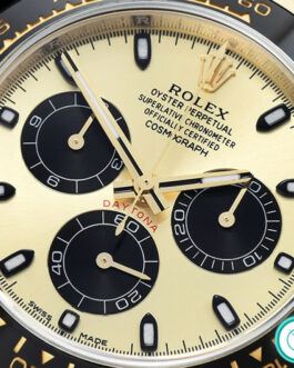 ROLEX DAYTONA 116518LN YELLOW GOLD CERAMIC BEZEL CHAMPAGNE DIAL RUBBER STRAP