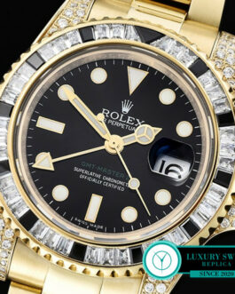 ROLEX GMT MASTER II 116710LN YELLOW GOLD DIAMOND CASE BLACK & WHITE BEZEL