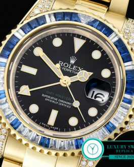 ROLEX GMT MASTER II 116710LN YELLOW GOLD DIAMOND CASE WHITE & BLUE BEZEL