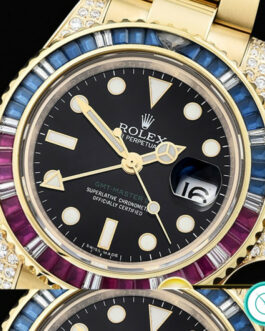 ROLEX GMT MASTER II 116710LN YELLOW GOLD DIAMOND CASE RED & BLUE BEZEL