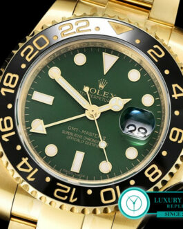 ROLEX GMT MASTER II 116718GSO YELLOW GOLD CERAMIC BEZEL GREEN DIAL