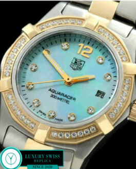 TAG HEUER AQUARACER LADIES 27MM 2 TONE DIAMOND BEZEL SWISS QUARTZ MOP LIGHT BLUE