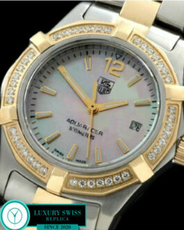 TAG HEUER AQUARACER LADIES 27MM 2 TONE DIAMOND BEZEL SWISS QUARTZ MOP PINK DIAL – STICK MARKERS