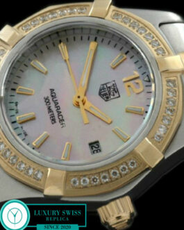 TAG HEUER AQUARACER LADIES 27MM 2 TONE DIAMOND BEZEL SWISS QUARTZ MOP PINK DIAL – STICK MARKERS