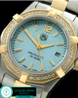 TAG HEUER AQUARACER LADIES 27MM 2 TONE DIAMOND BEZEL SWISS QUARTZ MOP LIGHT BLUE