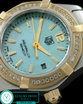 TAG HEUER AQUARACER LADIES 27MM 2 TONE DIAMOND BEZEL SWISS QUARTZ MOP LIGHT BLUE