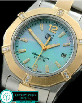 TAG HEUER AQUARACER LADIES 27MM 2 TONE 6 DIAMOND BEZEL SWISS QUARTZ MOP LIGHT BLUE