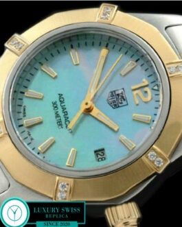 TAG HEUER AQUARACER LADIES 27MM 2 TONE 6 DIAMOND BEZEL SWISS QUARTZ MOP LIGHT BLUE